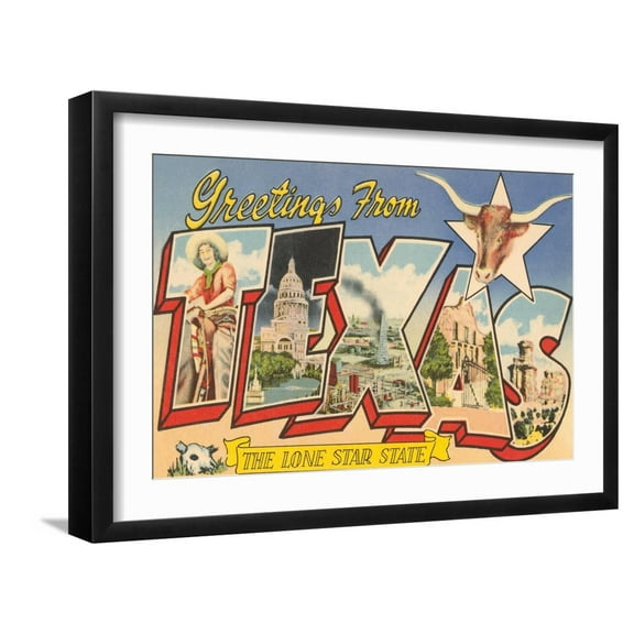Art.com Greetings from Texas Art Print, Black Frame Wall Art, 23" x 17"