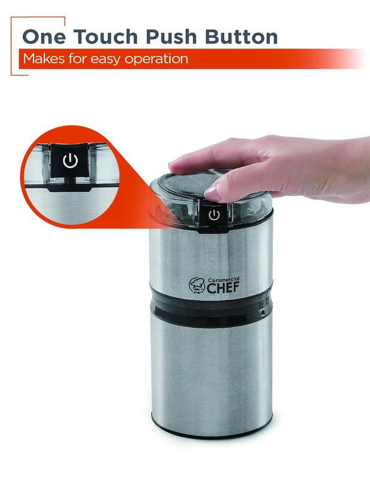 Commercial Chef Electric Coffee Grinder, Brushed Stainless Steel Texture and Transparent Lid
