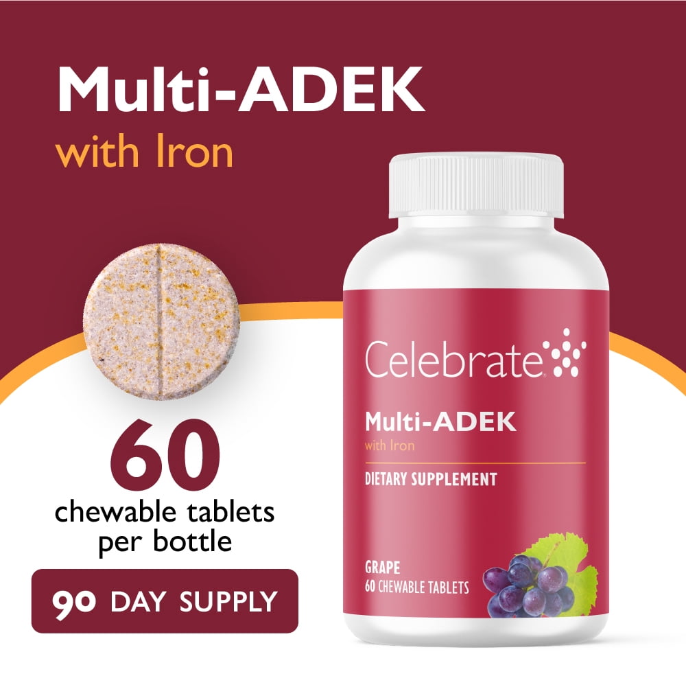 Celebrate Vitamins High ADEK Bariatric Multivitamin with Iron Chewables, 60 mg Iron, Grape, 180 count