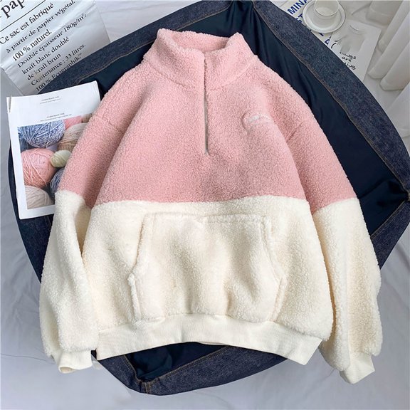 Babysbule 2023 Womens Winter Coats Women's Half High Collar Plush Thick Lamb Plush Stylish And Loose Fitting Long Warm Jacket