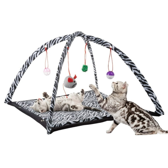 Cat Activity Center - Foldable Play Area for Cats and Kittens with Soft Fleece Mat and Hanging Toys for Exercise or Napping by PETMAKER (Zebra Print)