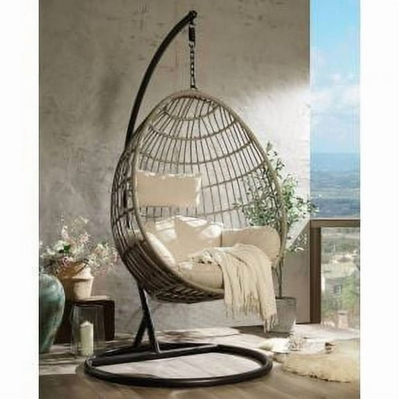 ACME Vasant Outdoor Patio Hanging Chair with Stand in Beige Fabric & Wicker