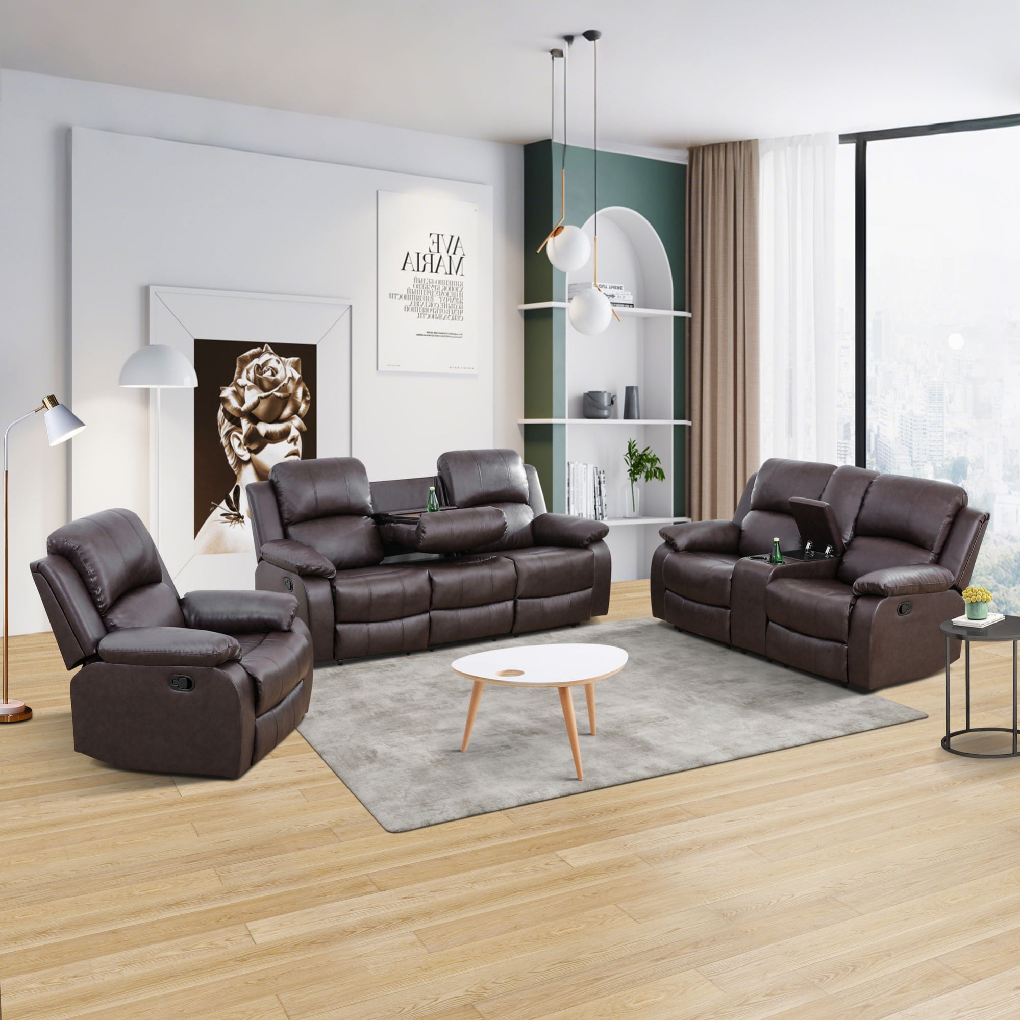 Gewnee Brown 3-Piece Living Room Air Leather Recliner Sofa Set with Console & Cup Holders