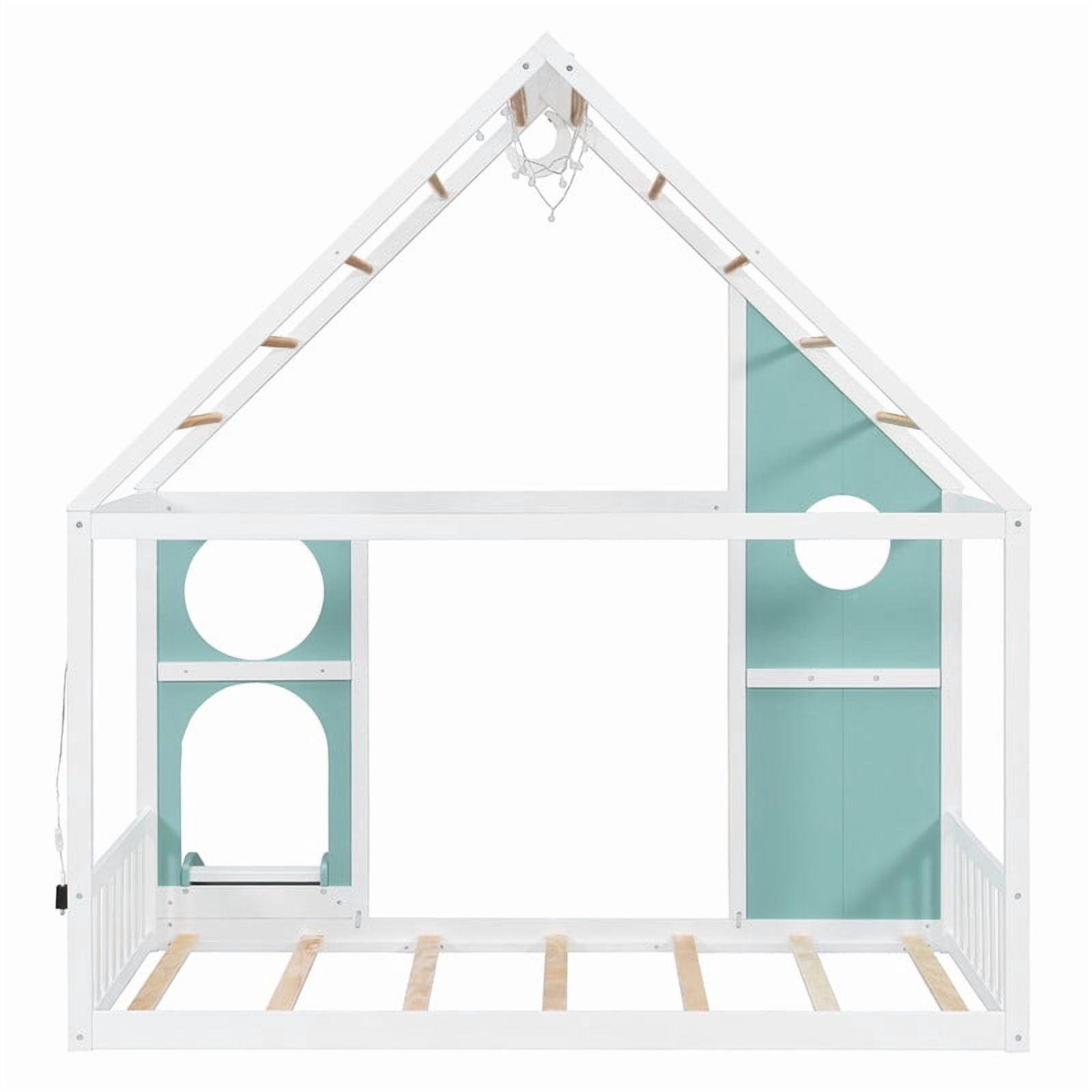 Twin Size Kids House Bed with Small Slide, Wooden Playhouse Floor Design Platform Bed Frame with Light Strip & Storage Shelf