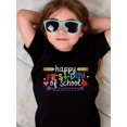 thumbnail image 2 of Girls & Boys Happy First Day of School Theme Cotton Graphic Tees, Back To School Clothes Girls, Black and Colorful Lettering Style Description Summer Shirts With Pencils and apple Pattern, 2 of 6