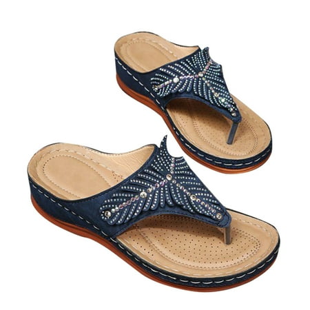 

PU Leather Soft Footbed Orthopedic Arch-Support Sandals for Women Rhinestone Wedge Flip Flops Summer Beach Supply 44 Dark Blue