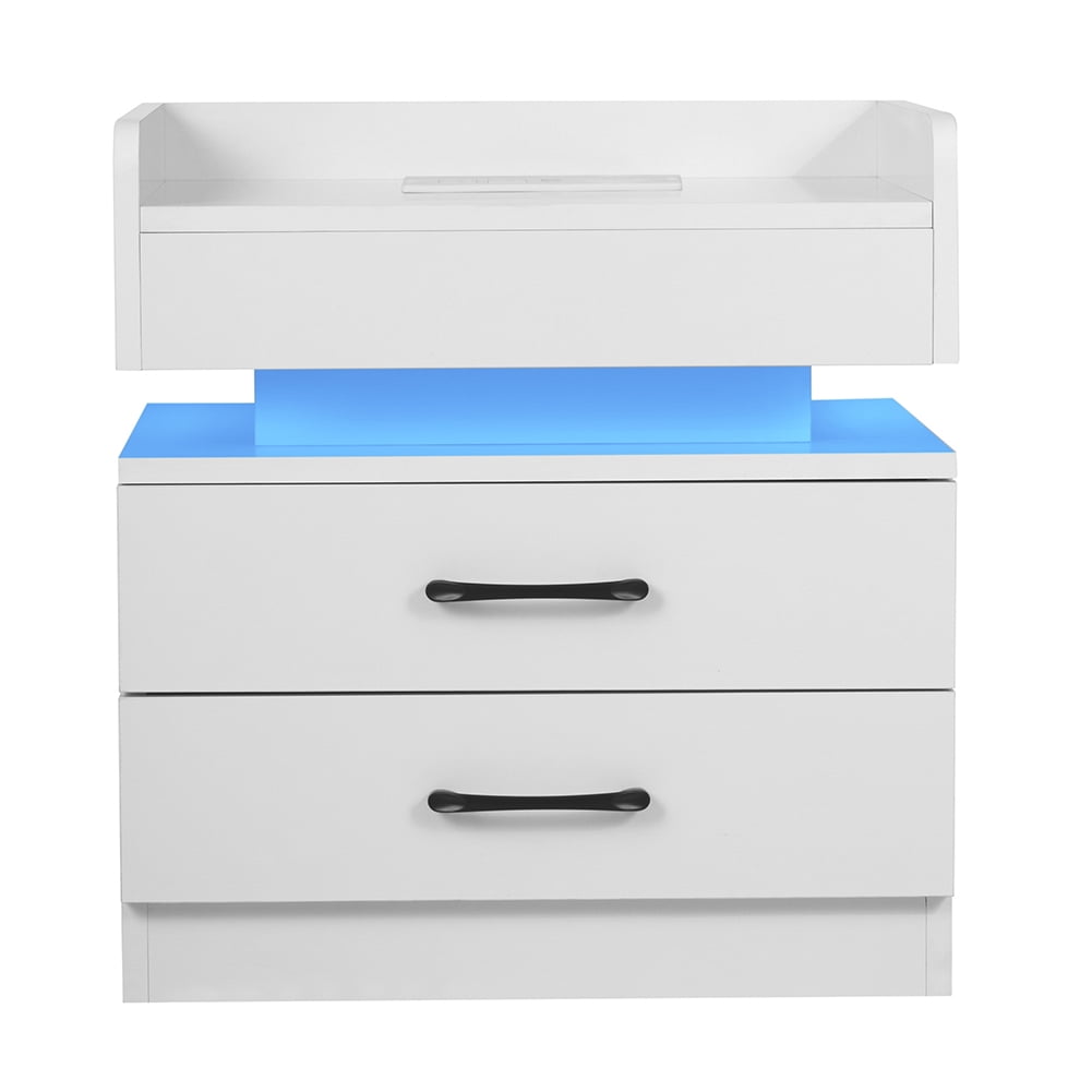 Kadyn LED Nightstand, Bedside Table with 2 Drawers and USB Charging Ports, Night Table with Wireless Charging and Remote Control LED Light, White Kadyn LED Nightstand, Bedside Table with 2 Drawers and USB Charging Ports, Night Table with Wireless Charging and Remote Control LED Light, White