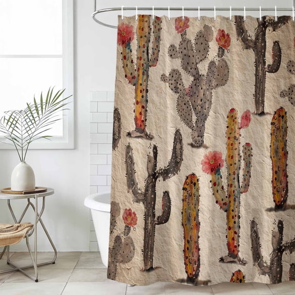 Vintage Cactus Waterproof Fabric Shower Curtain,Farmhouse Retro Brown Summer Botanical Waterproof Fabric Shower Curtain for Bathroom Curtains Bathtubs Shower Curtains with 12 Hooks Small 36x78in