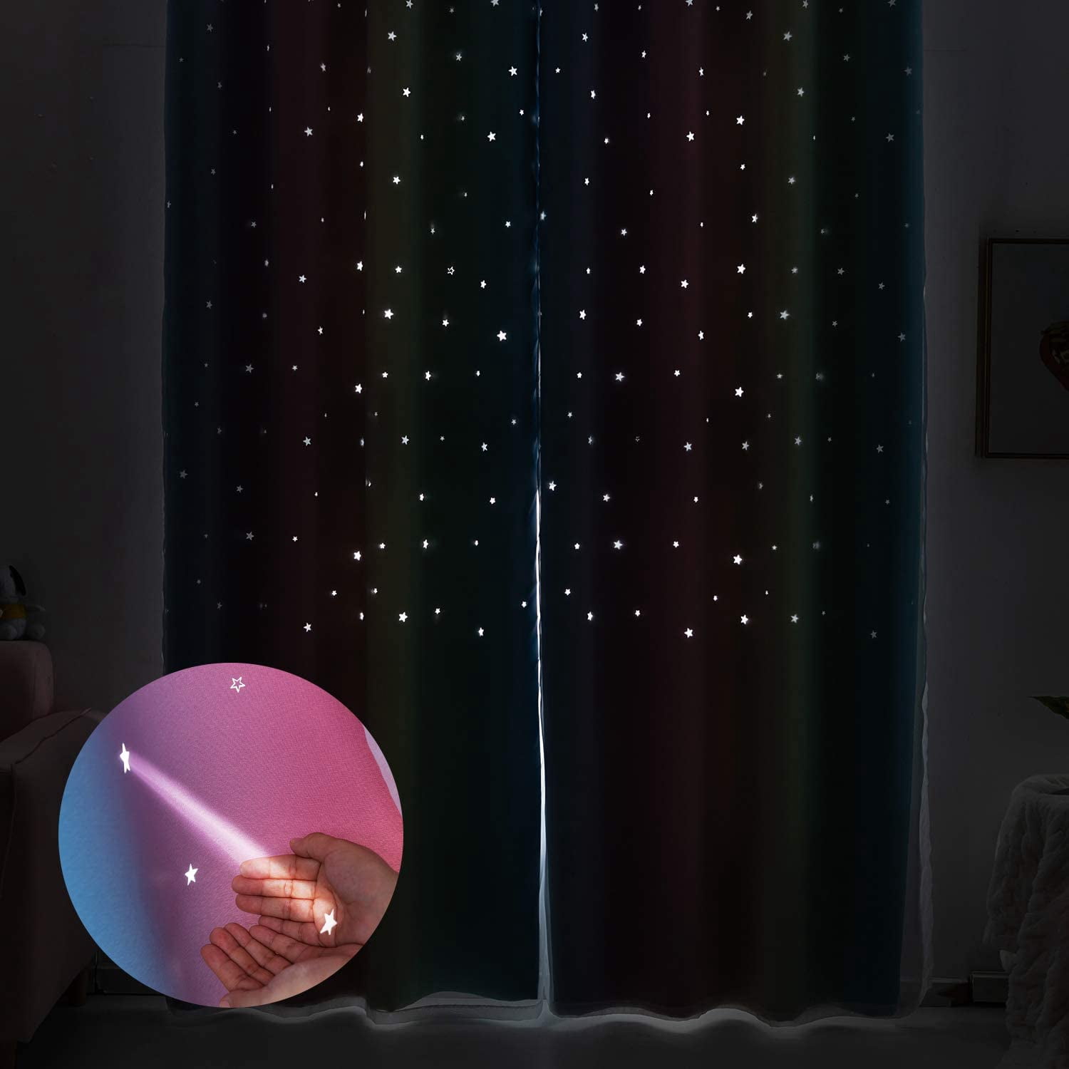 Anjee Blackout Curtains for Kids Girls Bedroom Curtain,Star Curtain Dual Layer Curtains with Sheer 2 Panel Set,52" x 84",Blue Pink Yellow