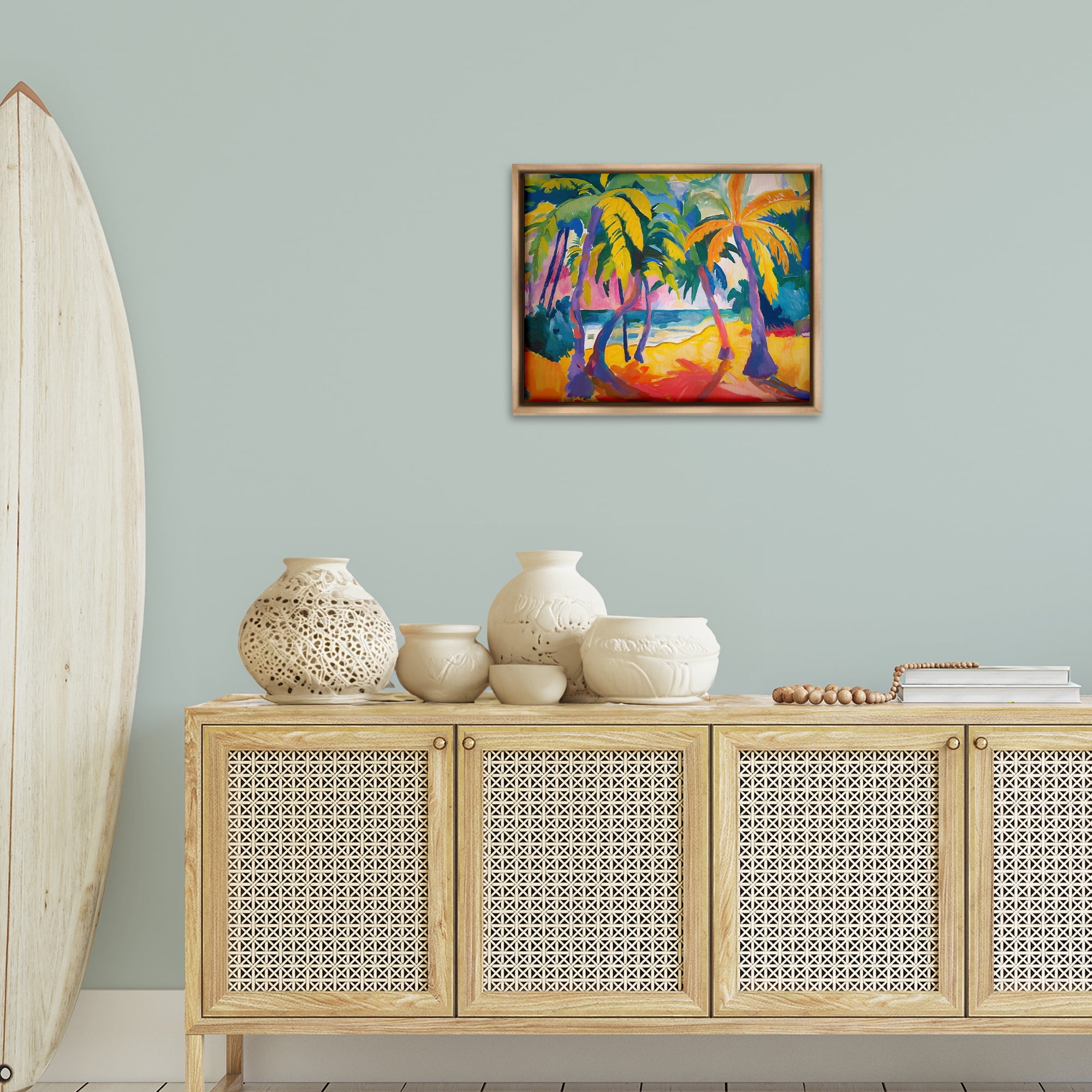 Stupell Industries Tropical Palm Paradise Coastal Painting Brown Floater Framed Canvas Art Print Wall Art, 21 x 17