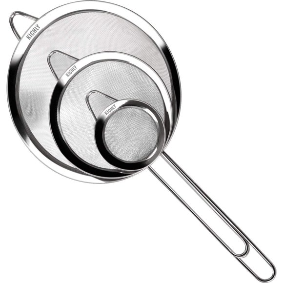 Set of 3 Stainless Steel Mesh Strainer Colander Sieve with Handle - Small, Medium and Large - Ideal for Straining Quinoa, Spaghetti, Yogurt, Tea and More