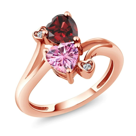 Gem Stone King 18K Rose Gold Plated Silver Red Garnet Pink Moissanite and White Moissanite Ring for Women (1.83 Cttw, Heart Shape 6MM, Gemstone January Birthstone, Size 9)