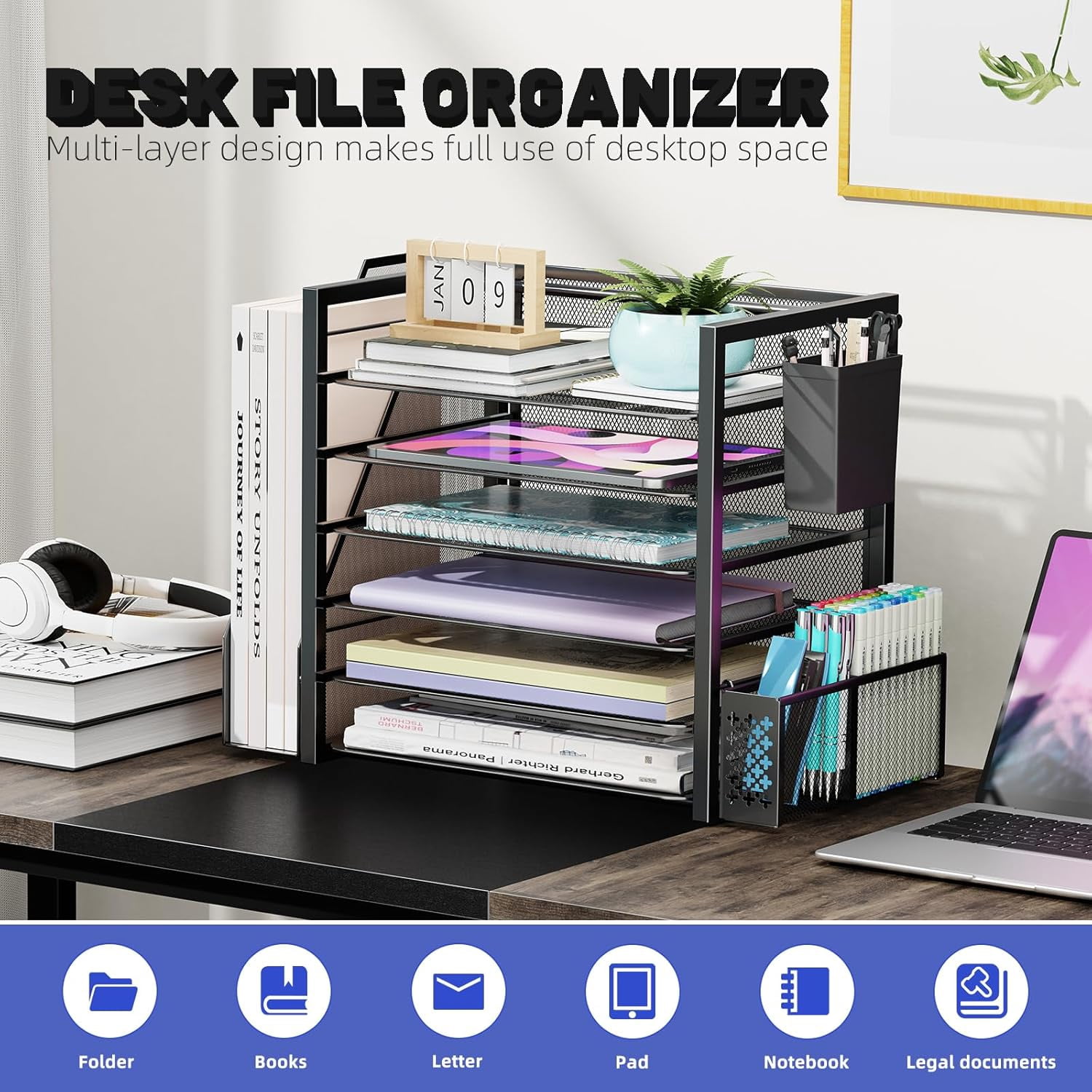 6 Tier Desk File Organizer, Paper Letter Tray Organizer with File Holder and Pen Container, Black