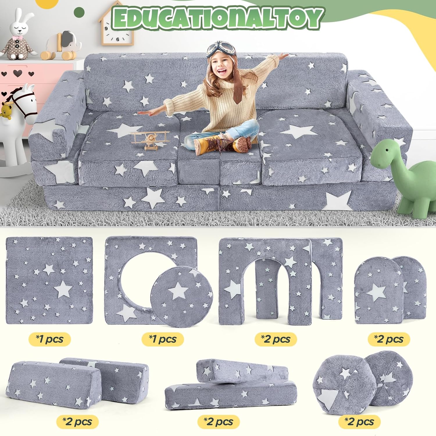 EAYSG Foam Modular Kids Couch Sofa, 13PCS Kids Play Couch, Glowing Toddler Couch Convertible Baby Play Couch Children Sofa for Playroom Bedroom (Gray)