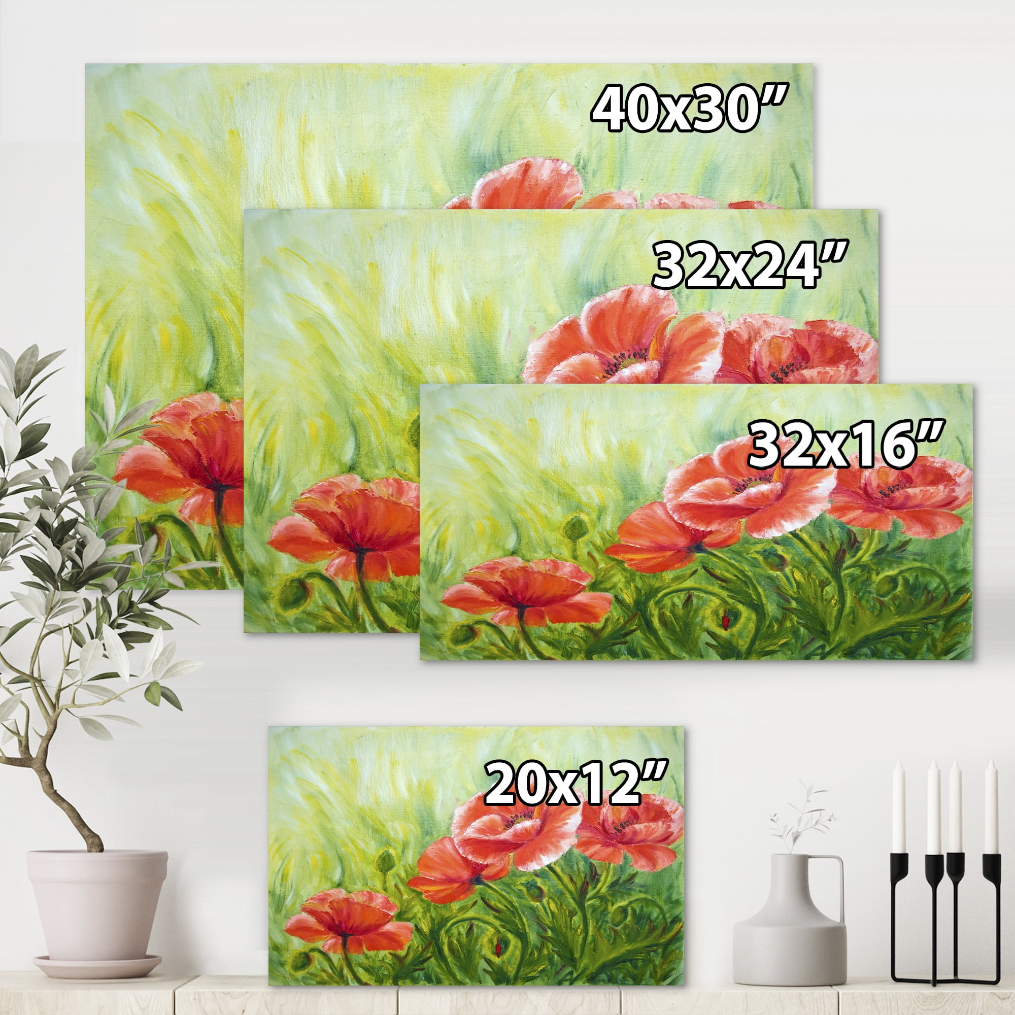 Designart ' Red Blossoming Poppies Over Wild Green III ' Traditional Canvas Wall Art Print