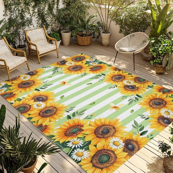 Sunflower Outdoor Area Rug 4x6ft Decorative Indoor Outdoor Rug Daisy Butterfly Leaf Green Stripes Patio Area Rug for Porch, Deck, Balcony, Entryway, Camping & RV