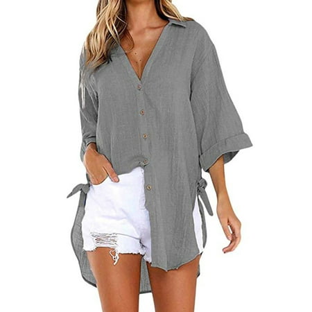 

Sleep Tunic Shirts for Women Button Down Shirts Long Sleeve V Neck Side Slit Sleepwear Loungewear Homewear Boyfriend Sleepshirt Pajama Tops