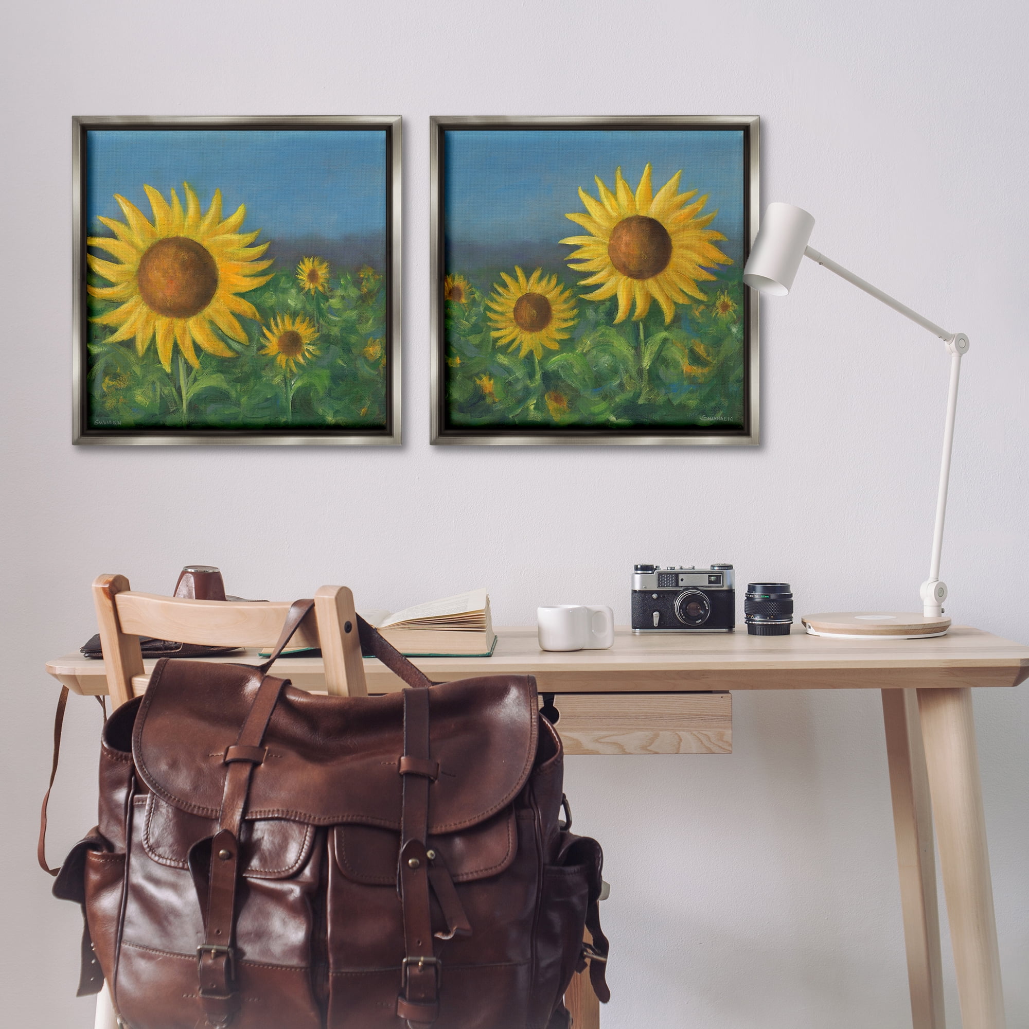 Stupell Industries Gorgeous Sunflower Field Plants & Flowers Painting Gray Floater Framed Canvas Art Print Wall Art, 25 x 25, Set of 2