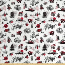Ambesonne East Fabric by the Yard Upholstery, Japanese Architecture Artwork, 10 Yards, Dark Coral Black White