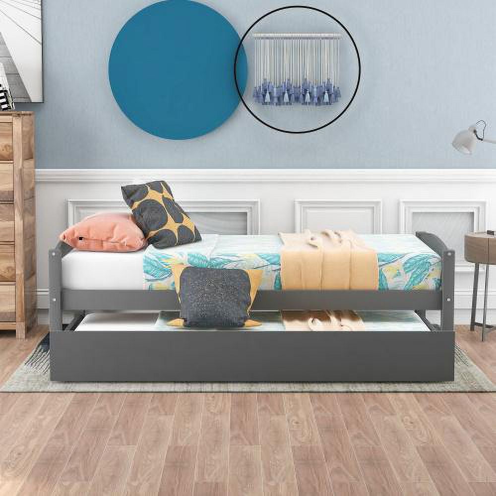 P PURLOVE Twin Trundle Daybed With Headboard - Wood Platform Bed Frame, Pull-Out Trundle, Gray Finish