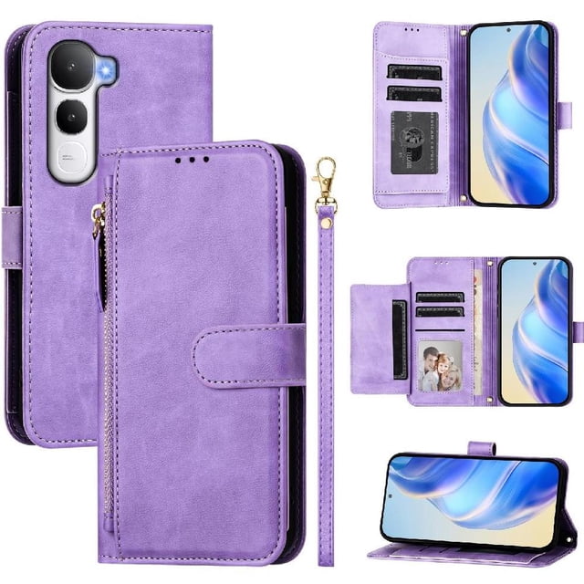 FOXDOCK Funda Tipo Cartera para Xiaomi Redmi A3 Pro Cuero PU con Cremallera y Correa de Muñeca, Ranuras para Tarjetas, Soporte Plegable, Cierre Magnético