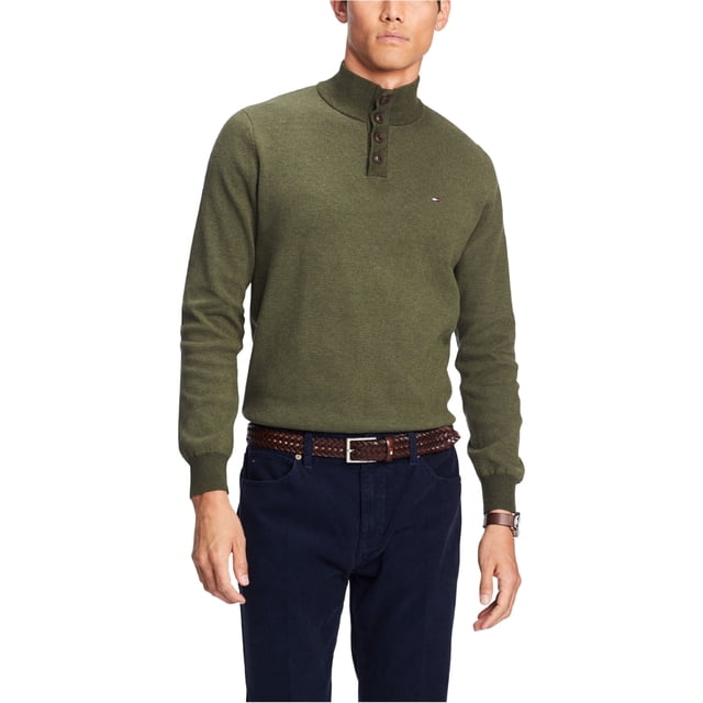 Tommy Hilfiger Mens Bridge Mock-Collar Knit Sweater, Green, Large