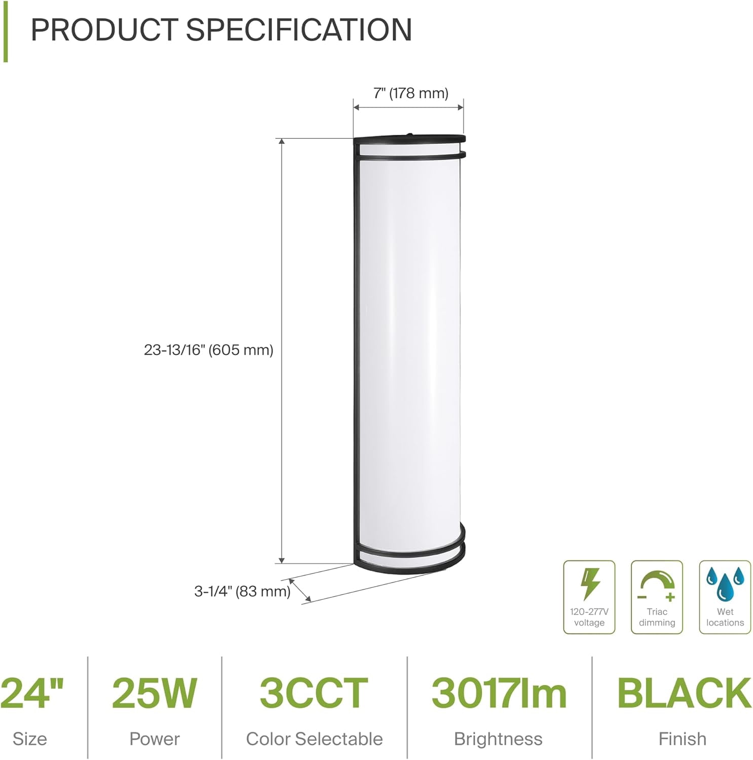 ASD 24 Inch LED Outdoor & Indoor Wall Mount Light Fixture - Matte Black Modern Wall Sconce Lighting - 25W 120-277V 3000K 4000K 5000K Dimmable Front Door & Patio Exterior Lights - ETL, 2 Pack