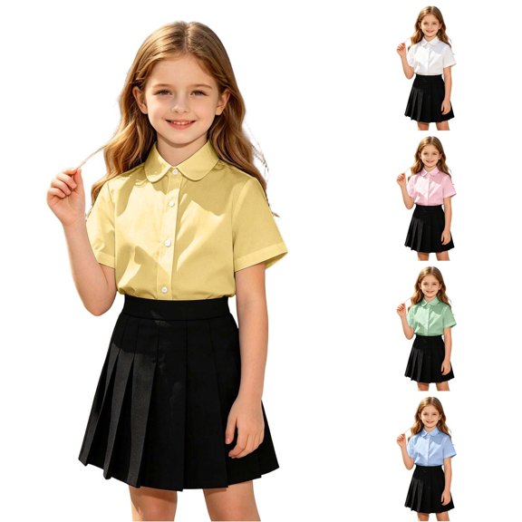 HCYSFG Uniform Shirts For Girls Peter Pan Collar Short Sleeve Button Down Solid Color Student Blouse Back To School Style Top