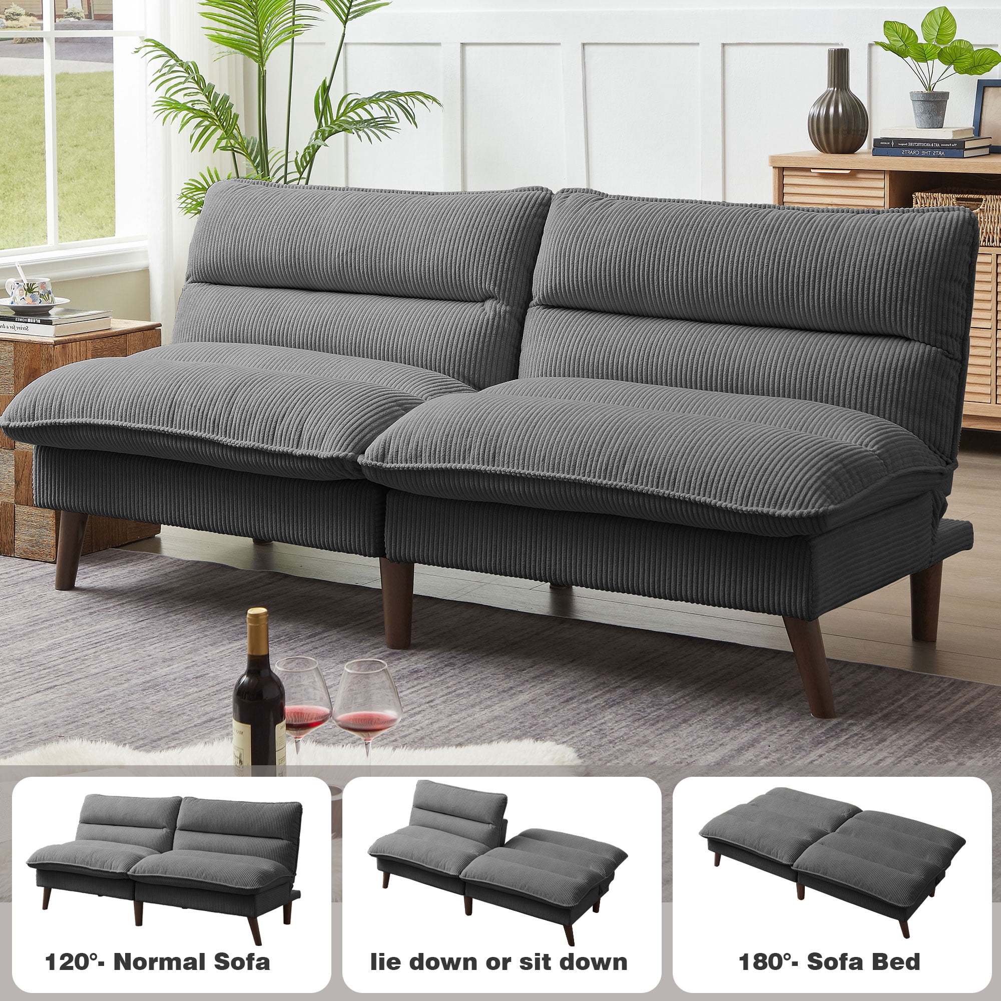 Jarenie Chireca 72" Futon Sofa Bed, Convertible Futon Couch with Adjustable Backrest, Modern Corduroy Futon Sleeper Sofa for Small Spaces, Living Room, Office, Darkgrey