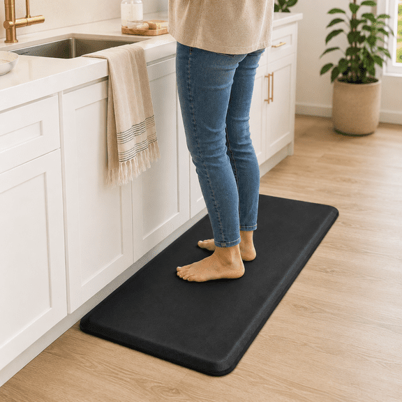 Yeslife Anti-Fatigue Kitchen Mat, 20" x 32", Black PVC, 3/4" Thick Waterproof Cushioned Non-Slip Floor Mat for Kitchen, Office, Desk, Garage & Home
