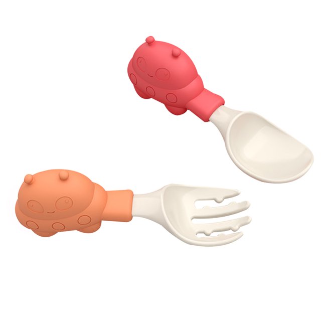 Juego de tenedor y cuchara para bebé Hukapapa con caja portátil, equipo de entrenamiento para bebés, juego de vajilla para niños con autoalimentación