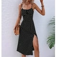thumbnail image 5 of Womens Polka Dot Sundresses Spaghetti Strap Summer Dresses Slim Fit Side Slit Midi Dress A Line Beach Dress Black L, 5 of 6