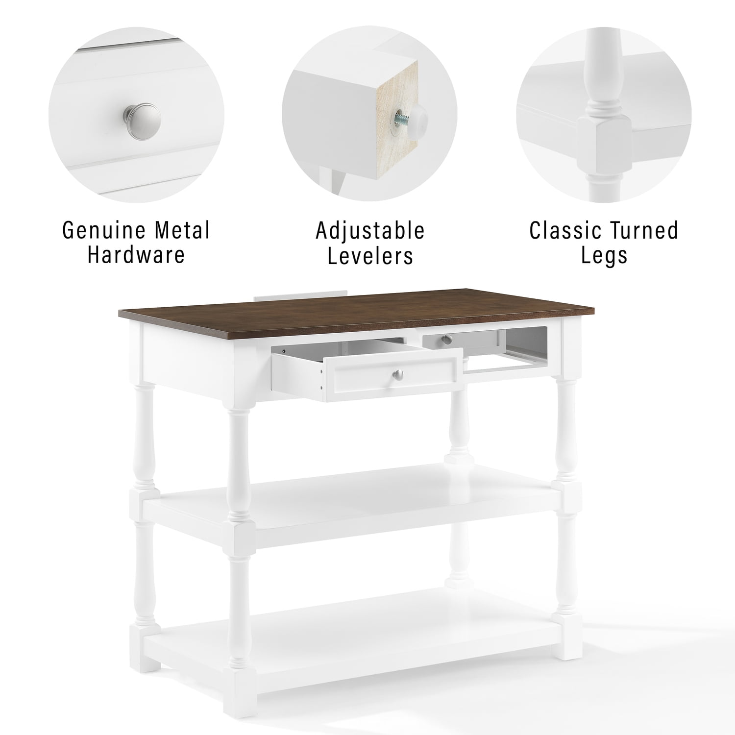 Kitchen Island Wood Top - Storage Island Cart, White/Dark Brown, 42" Wide, Transitional Design