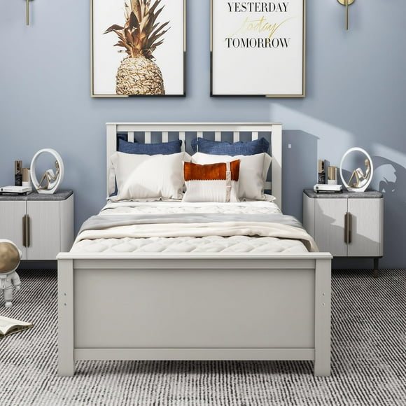 Merax Lit Plateforme Format Simple, Cadre de Lit Simple en Bois avec Tête de Lit et Pied de Lit, Lattes de Bois, Aucun Sommier Requis, Blanc