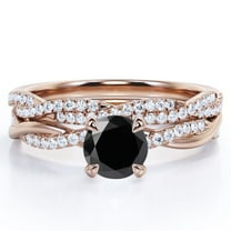 JeenMata Twisted Pave - 1.75 Carat Round Shaped Lab Created Black Diamond and Moissanite - Four Prong Wedding Set - 18K Rose Gold Plating over Silver