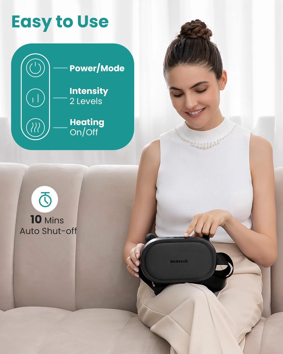 Nekteck Cordless Shiatsu Neck and Back Massager with Heat, 6D Deep Kneading Shoulder Massager, Rechargeable Massage Pillow with 3 Modes, 2 Intensity Levels, 10-Min Auto Shutoff, Gift for Men Women