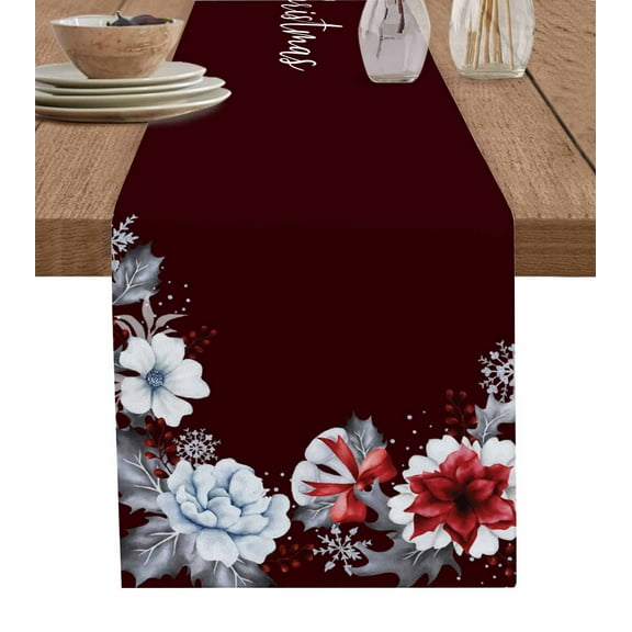 Red Christmas Burlap-Cotton Table Runner 90 Inches Long,Xmas Poinsettia Grey Botanical Farmhouse Table Runners,Outdoor Dining Tablecloths Decor for Baby Shower Party Wedding 13x90
