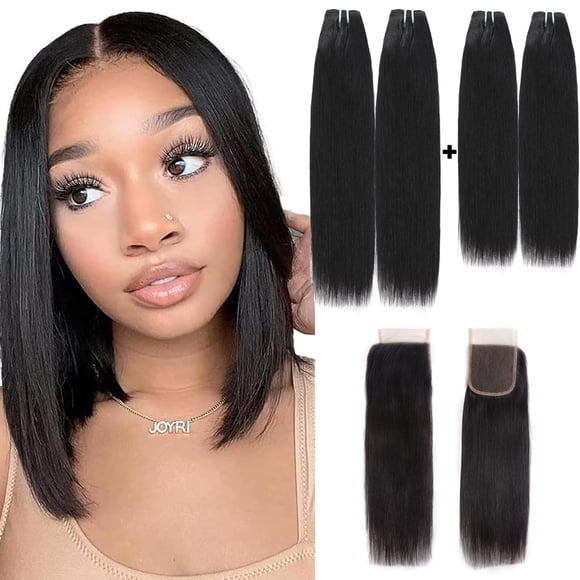 12 Pouces 14 Pouces Lots de Cheveux Courts 10A Brésilien Cheveux Lisses Vierges 4 Lots avec Fermeture Cheveux Lisses 100 % Non Traités Extensions de Cheveux Humains Lisses 50g/Pcs Couleur Naturelle