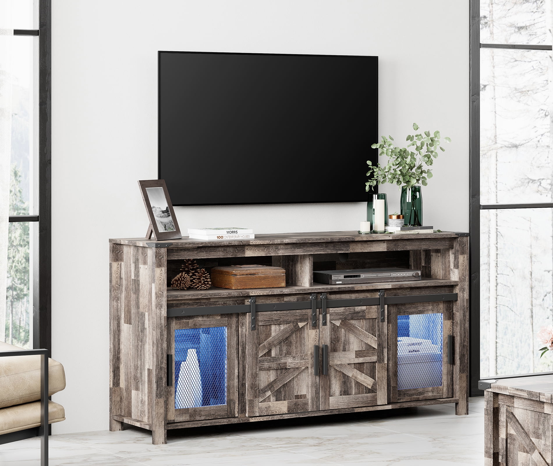 Farmhouse TV Stand with Sliding Barn Doors for 65 Inch TVs, Wood Tall Entertainment Center with Mesh Doors and Blue LED Lights, Dark Rustic Brown