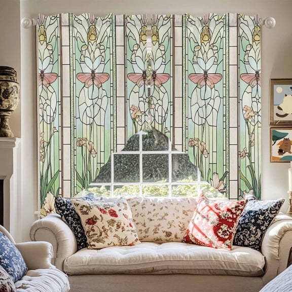 Green Vintage Stained Glass Swag Curtain Valance for Windows, Flowers Butterfly Window Treatments Short Swag Topper for Kitchen Windows Bathroom Bedroom, 36"x63"