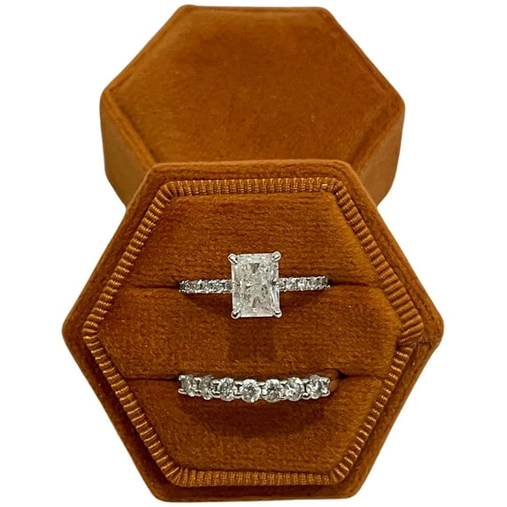 Velvet Treasures Engagement Ring Box, Double Slots Vintage Hexagon Wedding Jewelry Box for Ceremony, Display & Storage, Burnt