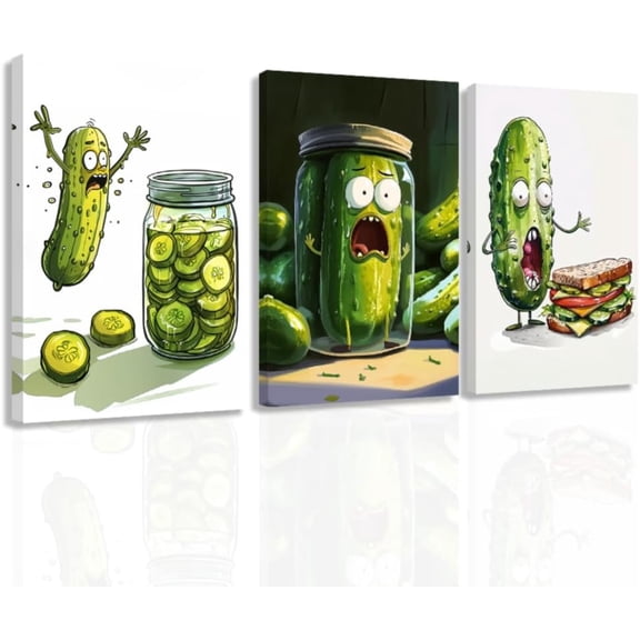 ZHONGYUTONG 3 Pieces Funny Kitchen Wall Art Picture Frame Whimsical Pickle Canvas Prints Food Posters Humorous Vegetable Fruit Painting Dining Room Decor (11.00" x 14.00" x 3PCS)