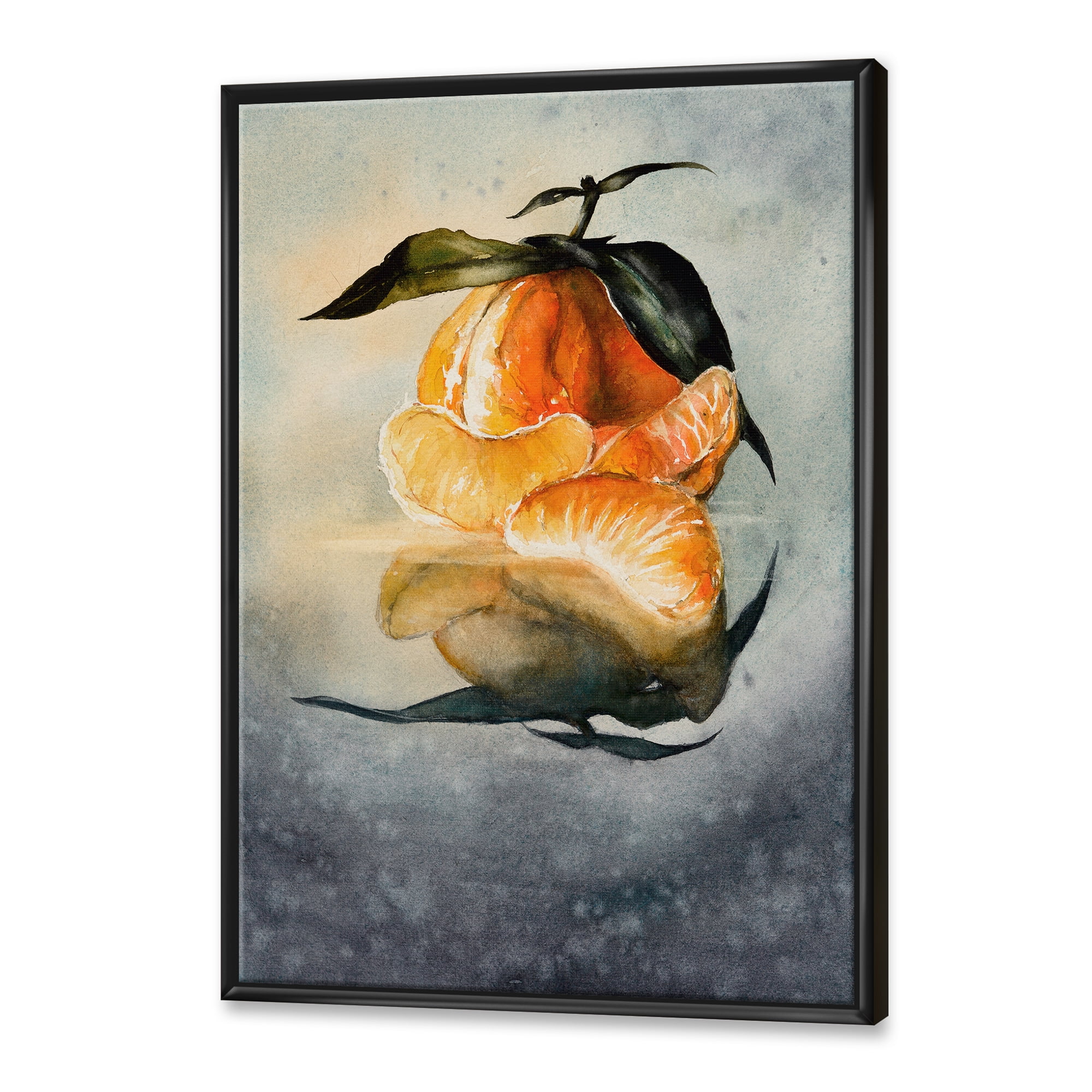 Designart 'One Peeled Fresh Orange Mandarin Under Green Leaves' Traditional Framed Canvas Wall Art Print