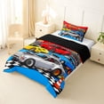 thumbnail image 3 of Castle Fairy Cartoon Racing Car Twin Comforter Sets 3-Piece for Kids,Race Track Bedding Set,Blue Red,Black Reversible, 3 of 6