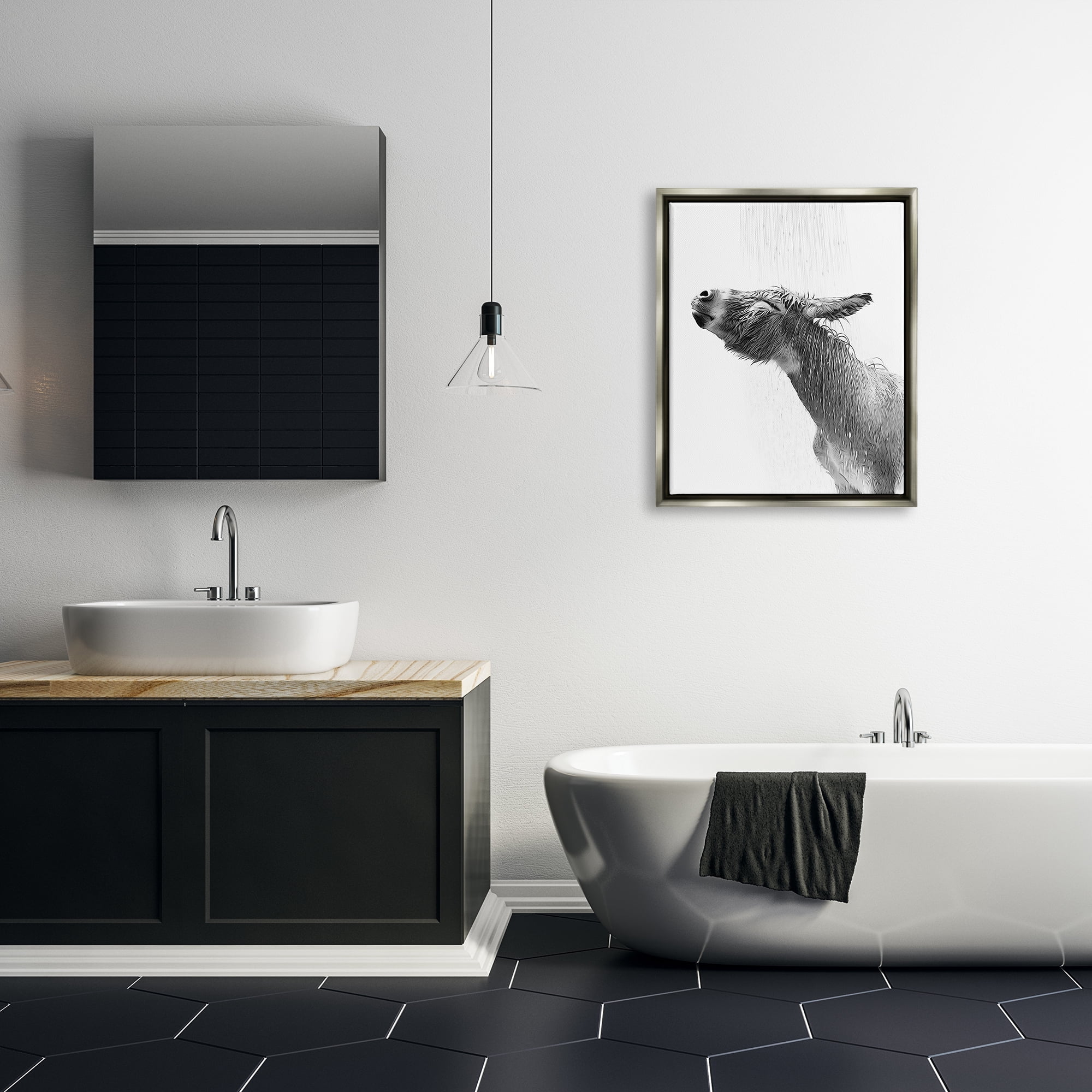Stupell Industries Donkey Bathroom Splash Animals & Insects Painting Gray Floater Framed Canvas Art Print Wall Art, 25 x 31