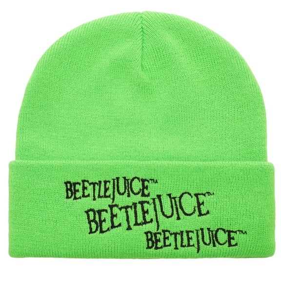 Beetlejuice Plain Neon Green Embroidered Logo Cuff Knit Beanie