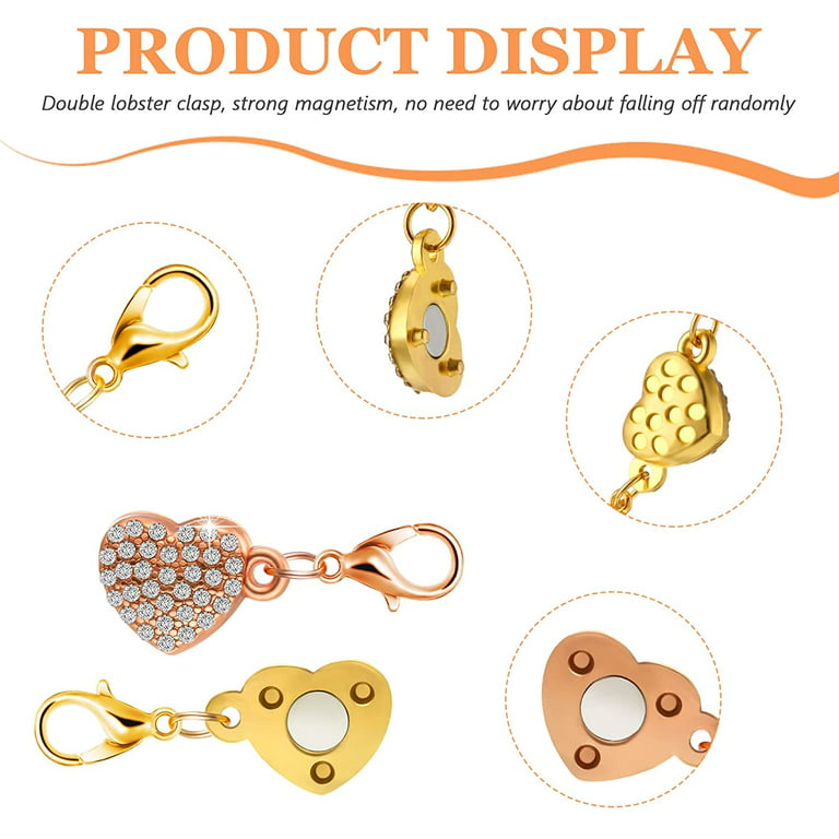  8 Pieces Magnetic Clasps for Jewelry Locking Magnetic Jewelry  Clasp Charms with Lobster Clasp Self-aligning Magnetic Rhinestone Clasps  Magnetic Necklace Clasp for Jewelry Making Extender (Heart Style)