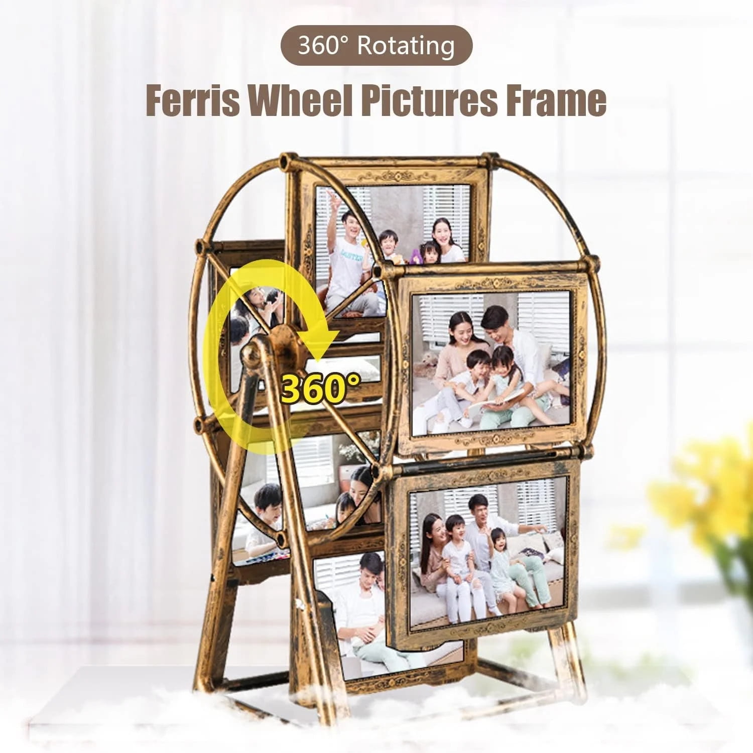 12 Photos Rotating Ferris Wheel Picture Frame, Vintage Embossed Designs 5 inches Frame for Home Decor Wedding Birthday Gifts, Antique Bronze