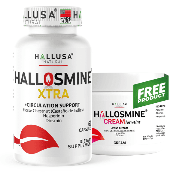 Hallosmine Xtra - Circulation & Vein Support, Diosmin, Horse Chesnut & Hesperidin 850mg   FREE Leg Cream | Blood Circulation & Vein Support Supplement | 60 capsules