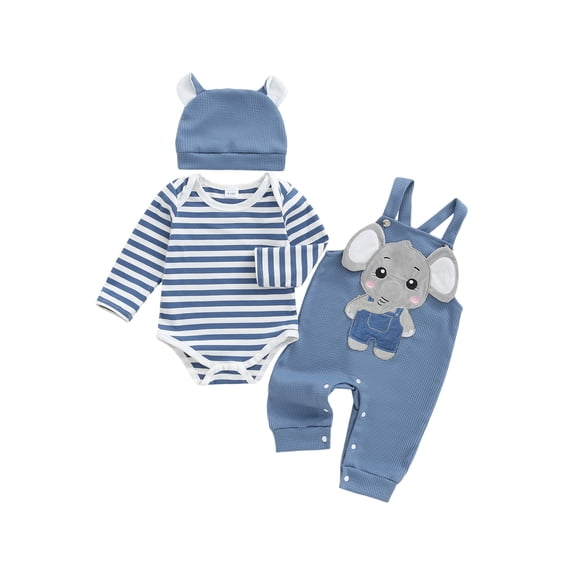 Baby Boy's Clothing Sets Fashionable Long Sleeve Striped Romper with Embroidered Overalls and Hat 3Pcs Outfits